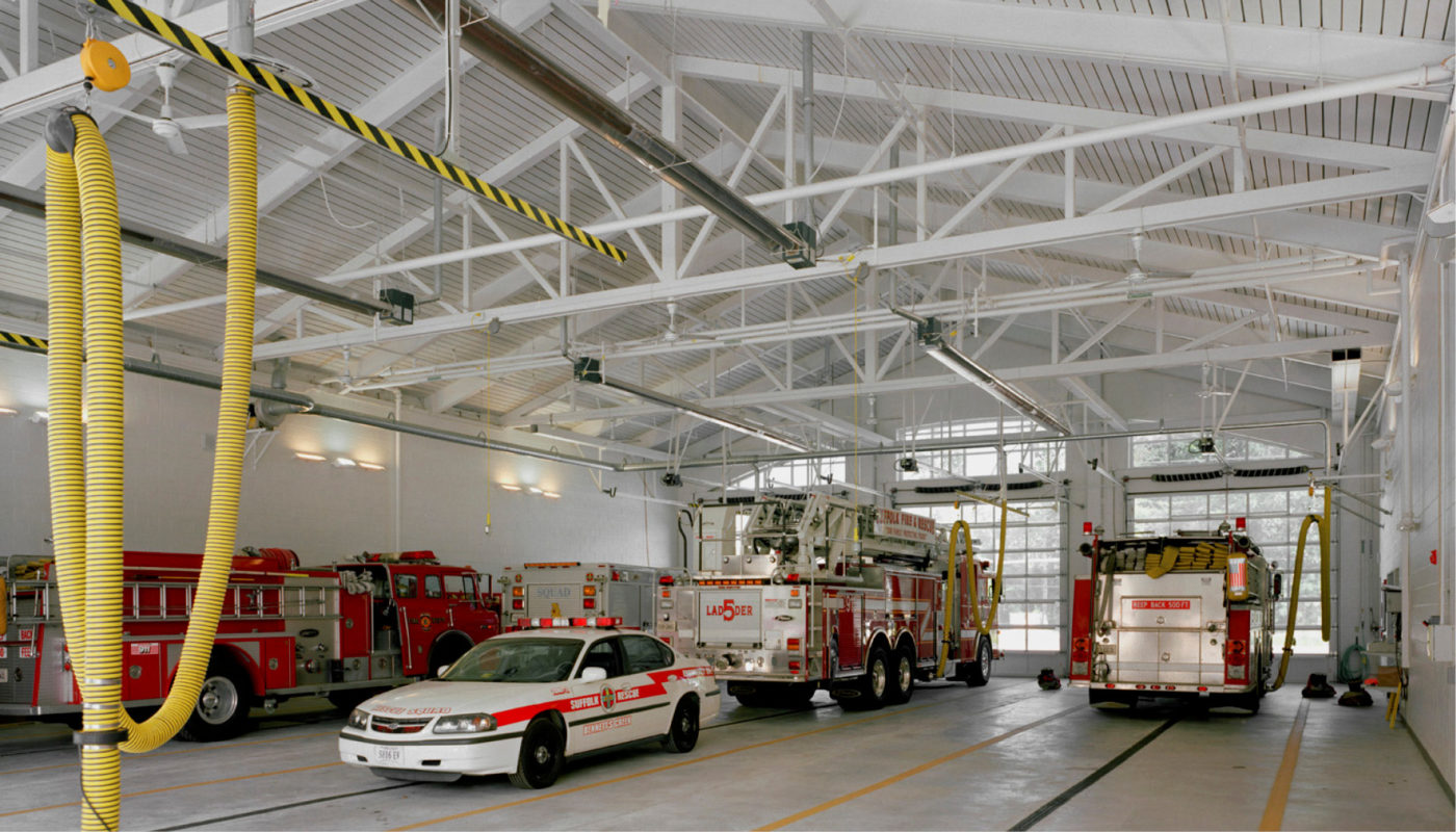 A fire truck parked in the Northern Public Safety Center garage.
