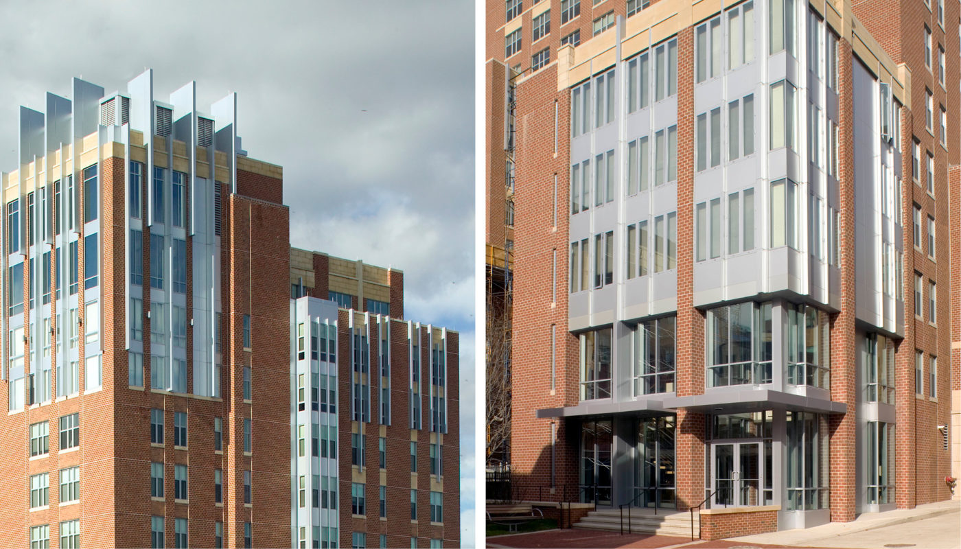 Two photos of a building with a glass facade.