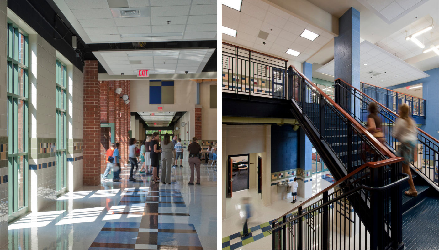 Two pictures of a school hallway at Locust Grove Middle School with people walking down the stairs.