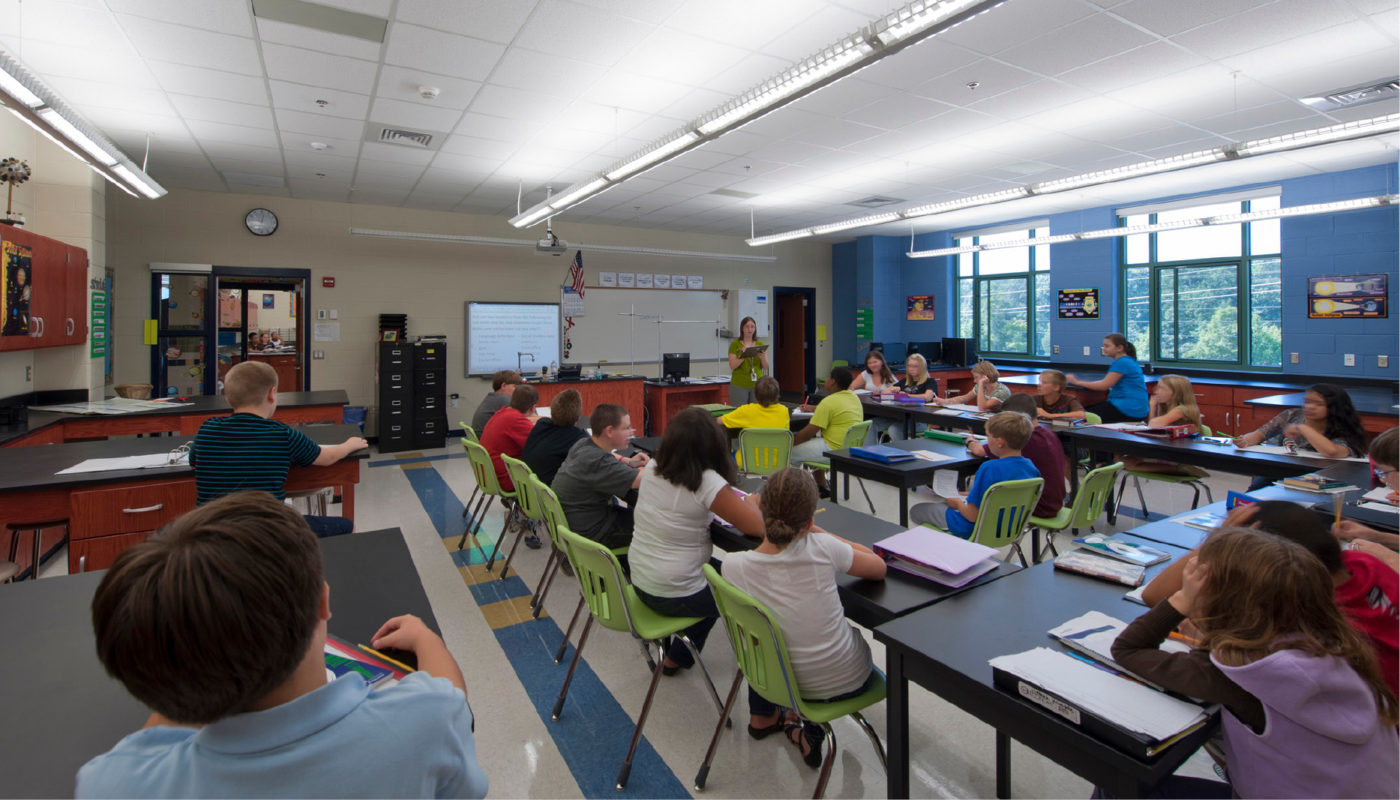 A classroom at Locust Grove Middle School with many students sitting at desks.
