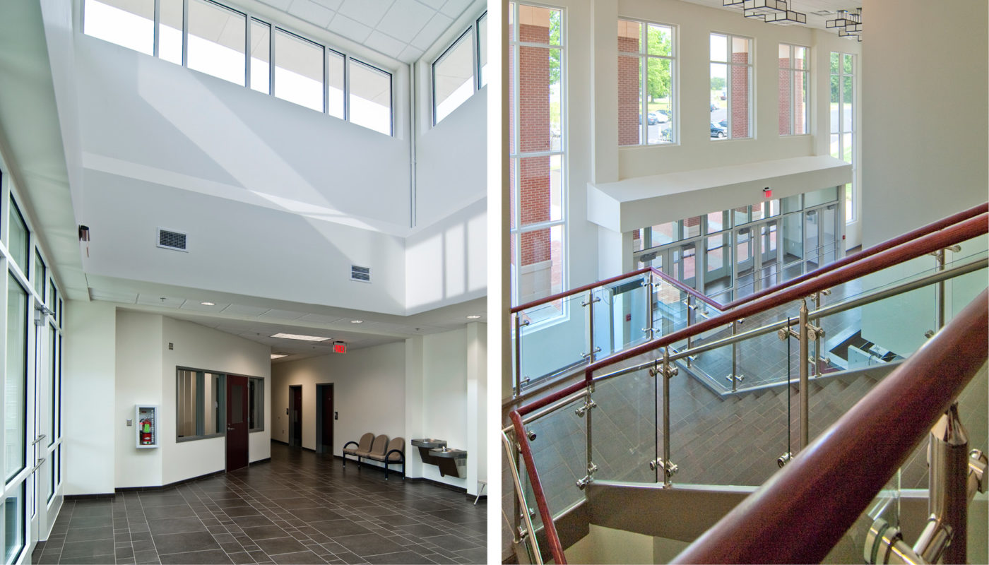 Two pictures of a hallway with a glass railing.