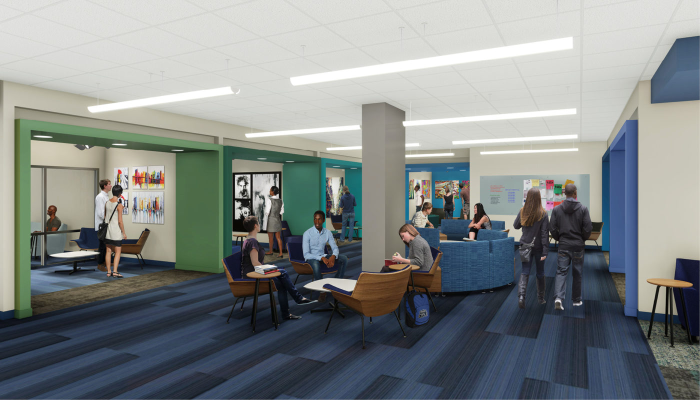 A rendering of the Webb Center lobby at Old Dominion University with people sitting at tables.