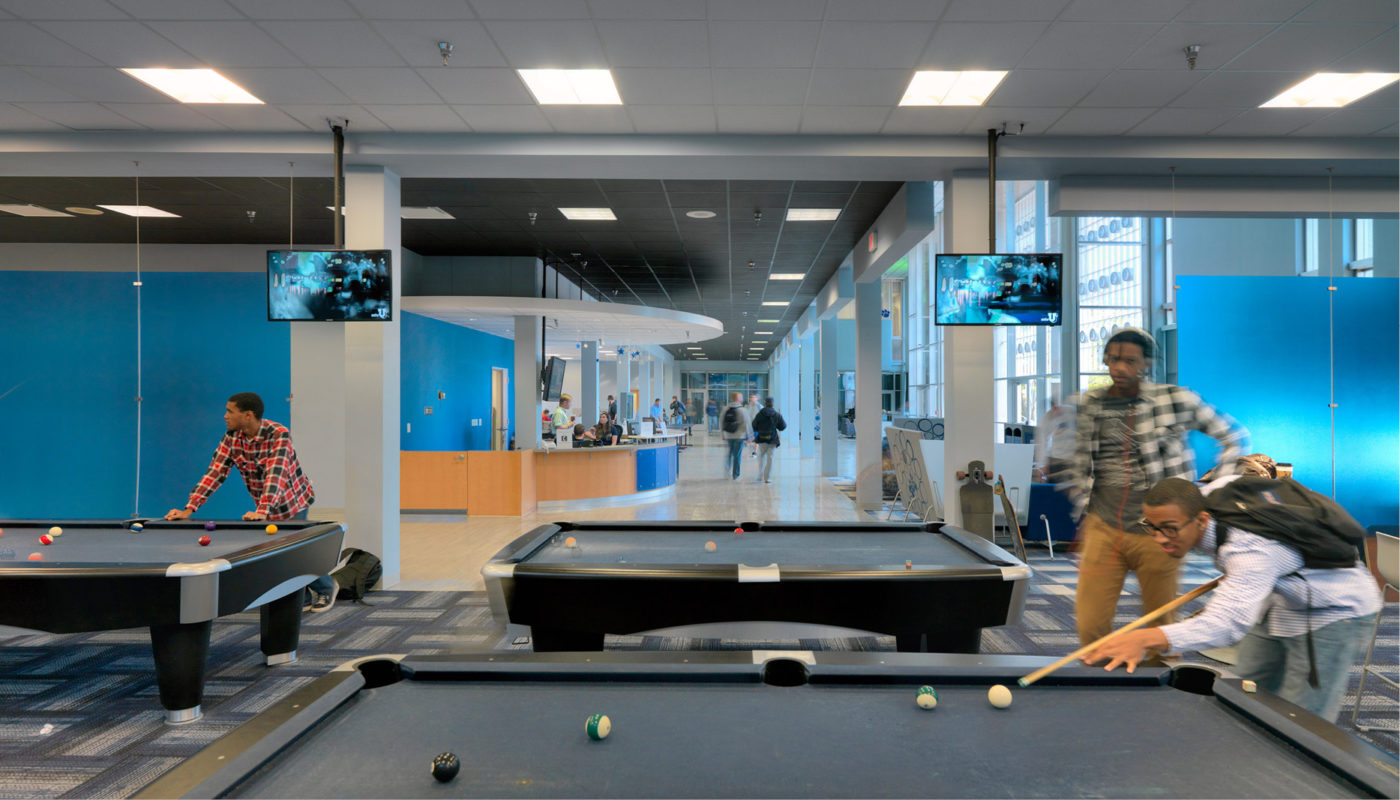 A pool table located in the Webb Center at Old Dominion University.