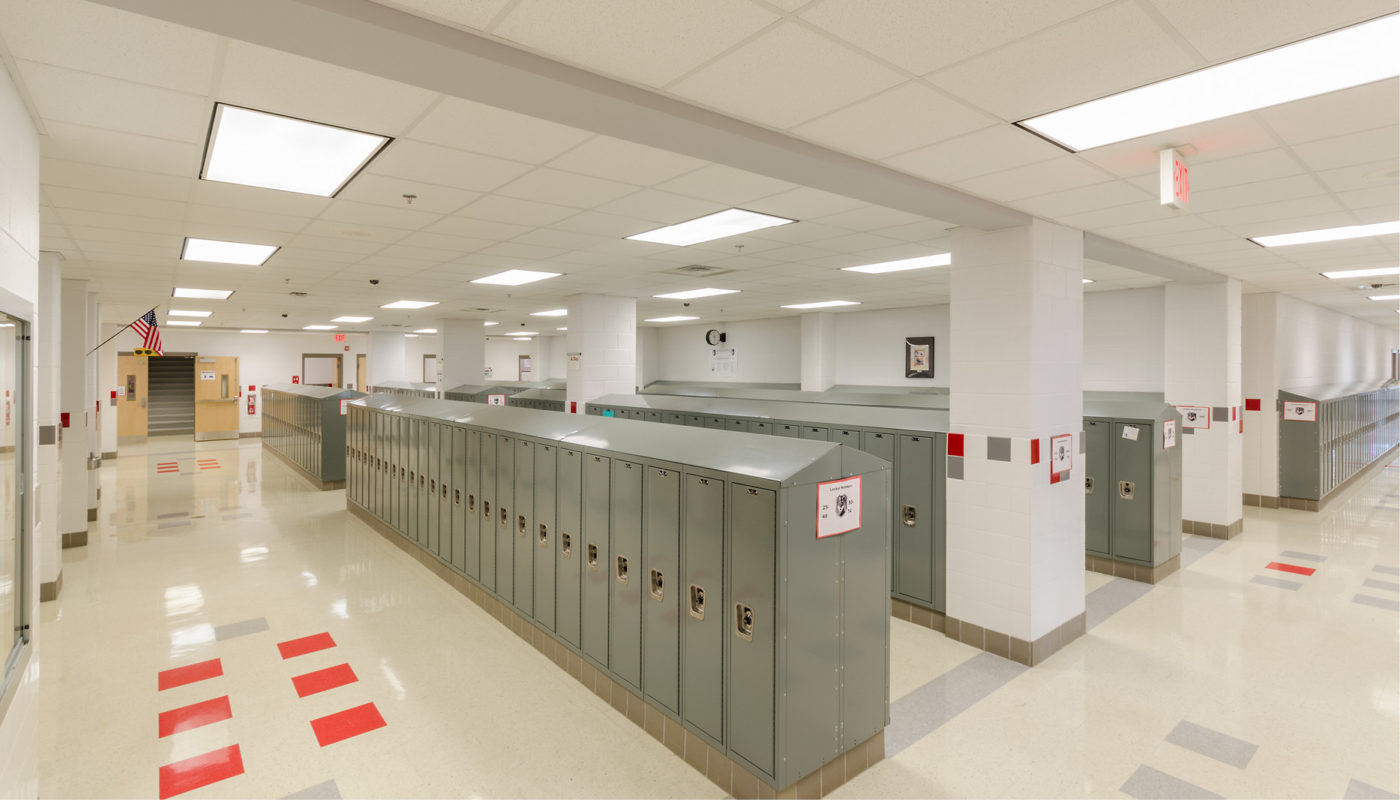 A hallway filled with lockers at Trailside Middle School in Loudoun County Public Schools.