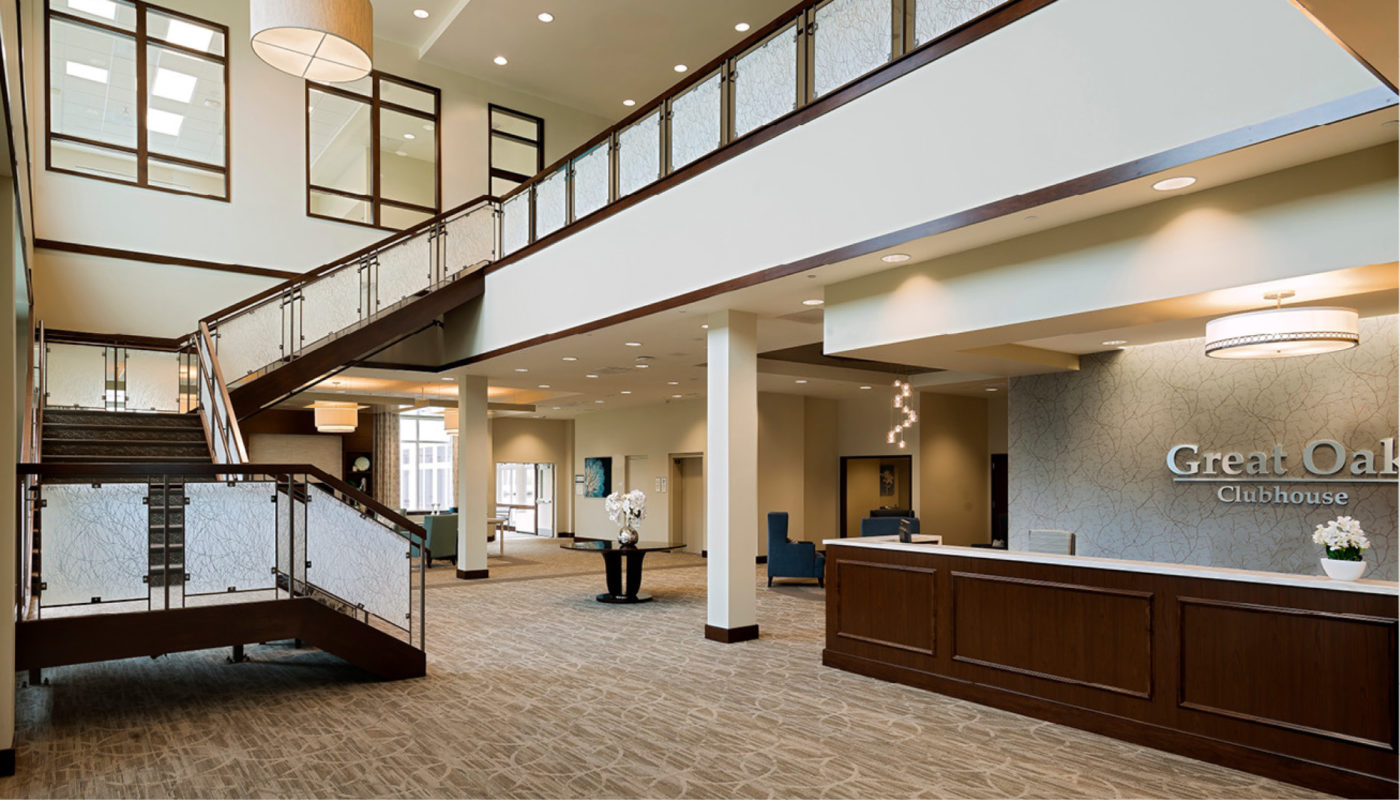 The lobby of the Ashby Ponds office building with a grand staircase.