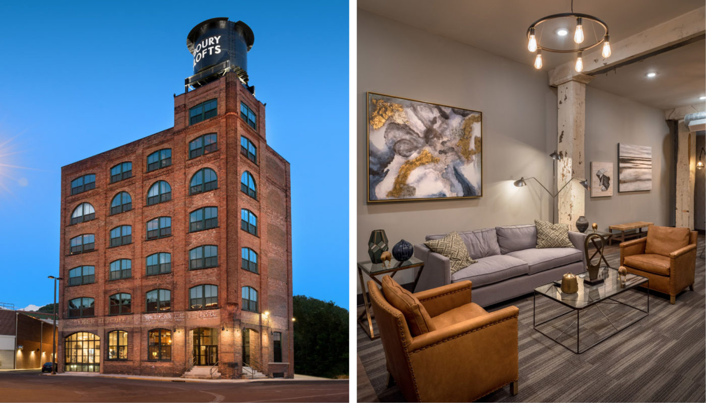 Two pictures of Boury Lofts building and a living room.