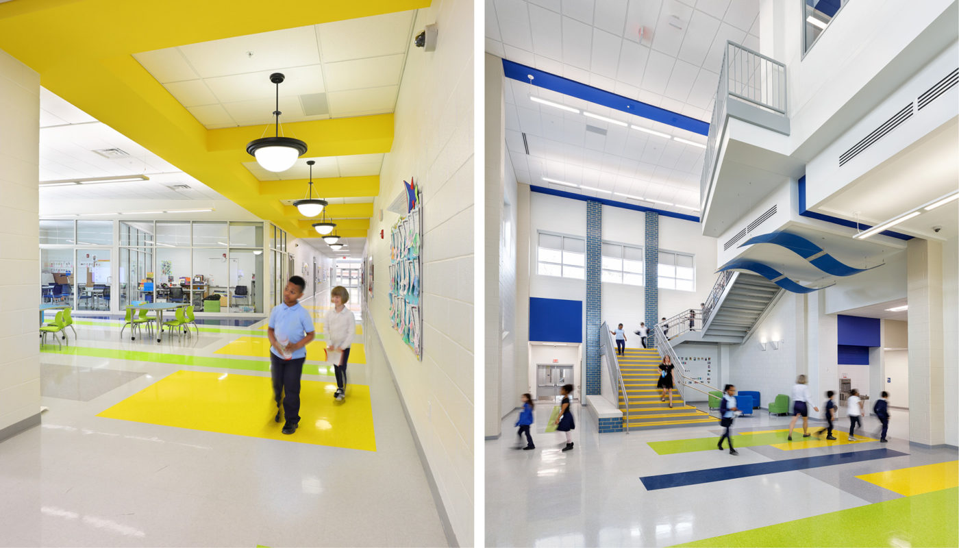 Two pictures of a school hallway within Patrick Henry K-8 School, showcasing yellow and blue floors.