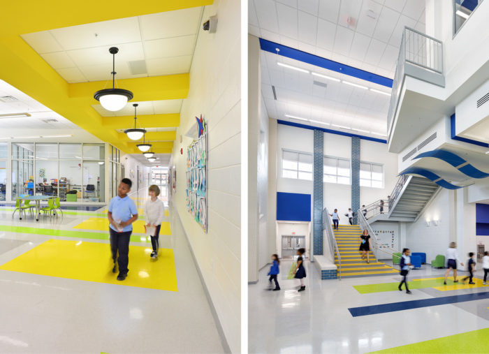 Two pictures of a school hallway within Patrick Henry K-8 School, showcasing yellow and blue floors.
