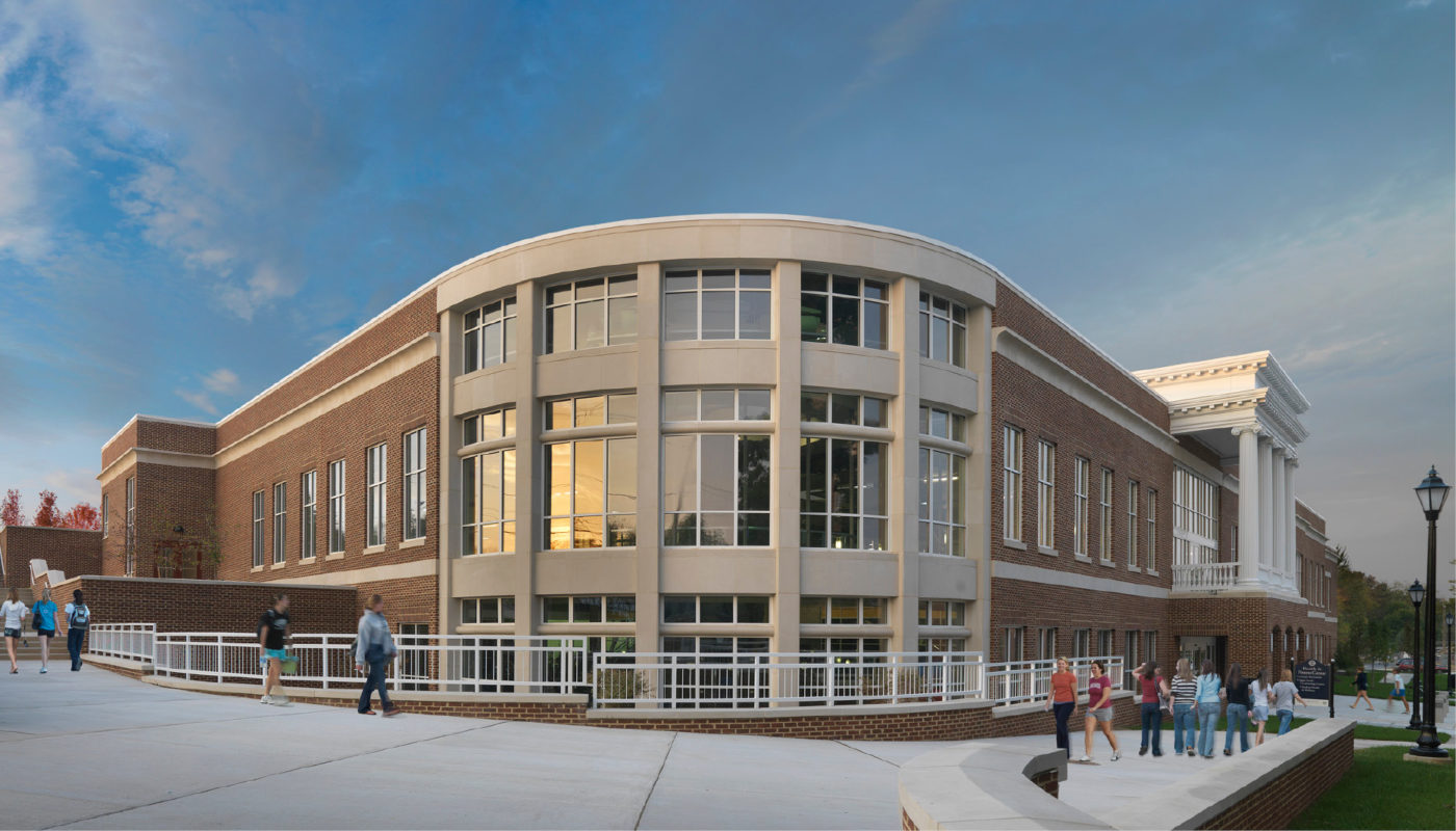 A rendering of a building at Longwood University with people walking around it, promoting wellness and health.