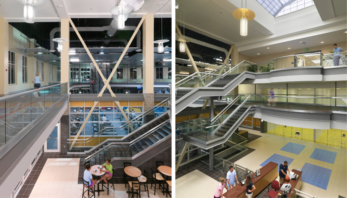 Two pictures of an atrium in the Longwood University wellness center, with people walking up and down the stairs.