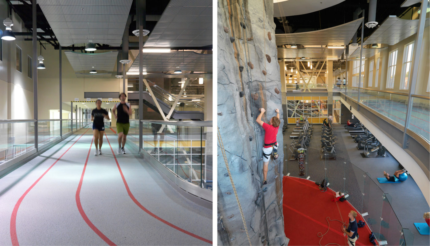 Two pictures of people climbing in a gym at Longwood University.