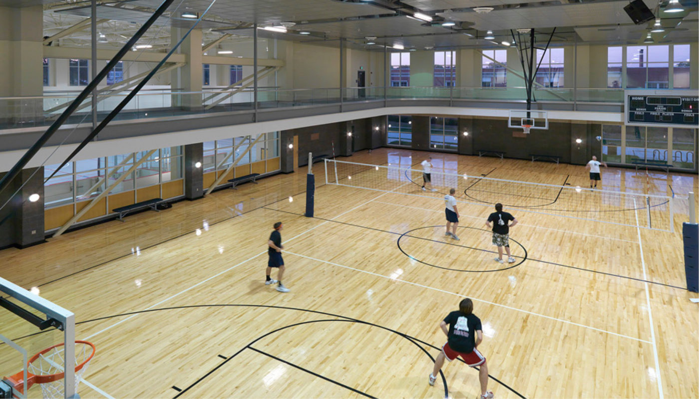 A wellness-inspired basketball court at Longwood University gym.