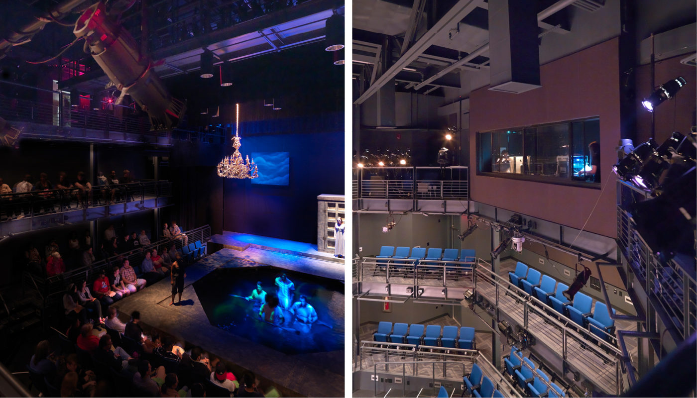 Two pictures of an auditorium with a stage and audience.