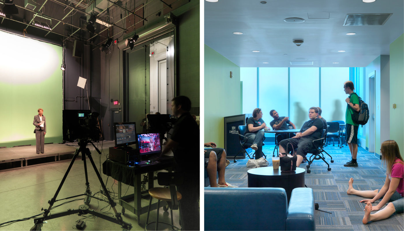 Two pictures of a room with a green screen and a group of people.