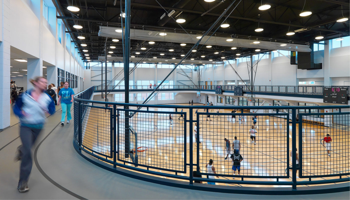 The inside of a Wellness Center at Old Dominion University, with people walking around.