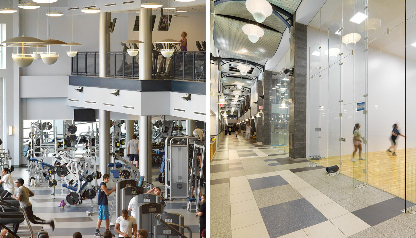 Two pictures of a wellness center at Old Dominion University, showing people engaging in recreation activities.