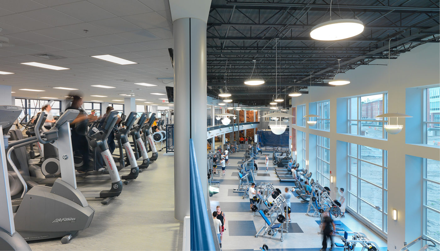 An Old Dominion University wellness center with a lot of people enjoying recreation.