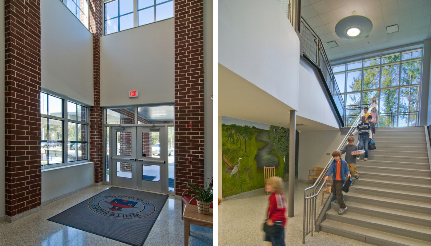 Two pictures of a school hallway with stairs and windows at Whitesides Elementary School in the Charleston County School District.