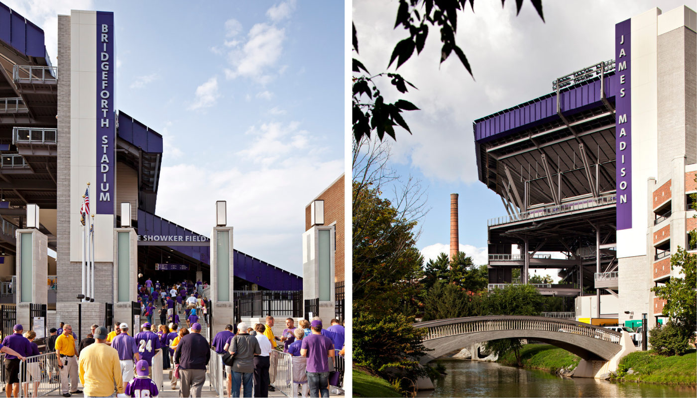 Two pictures of a stadium and a bridge.