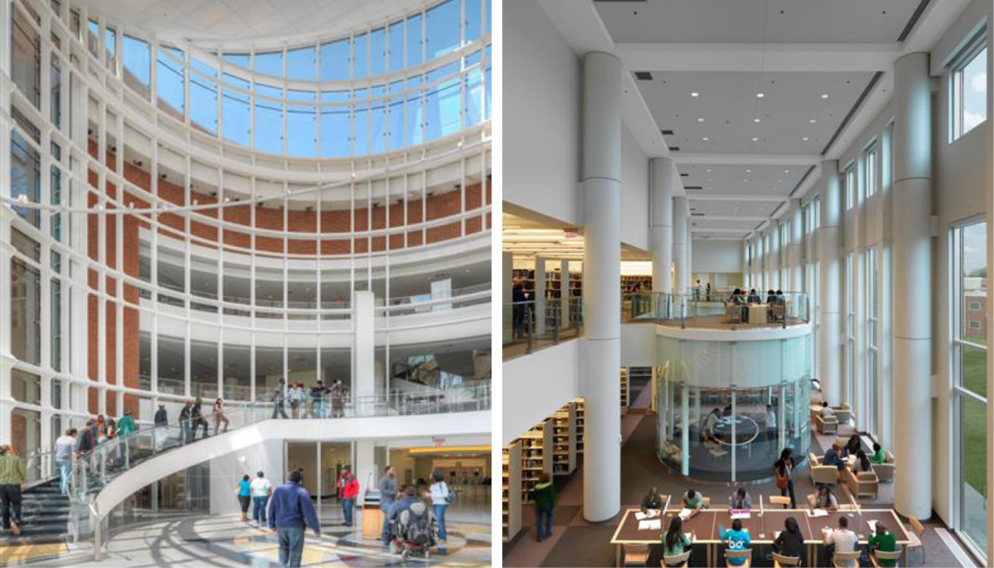 Two pictures of a library with people walking in the atrium.