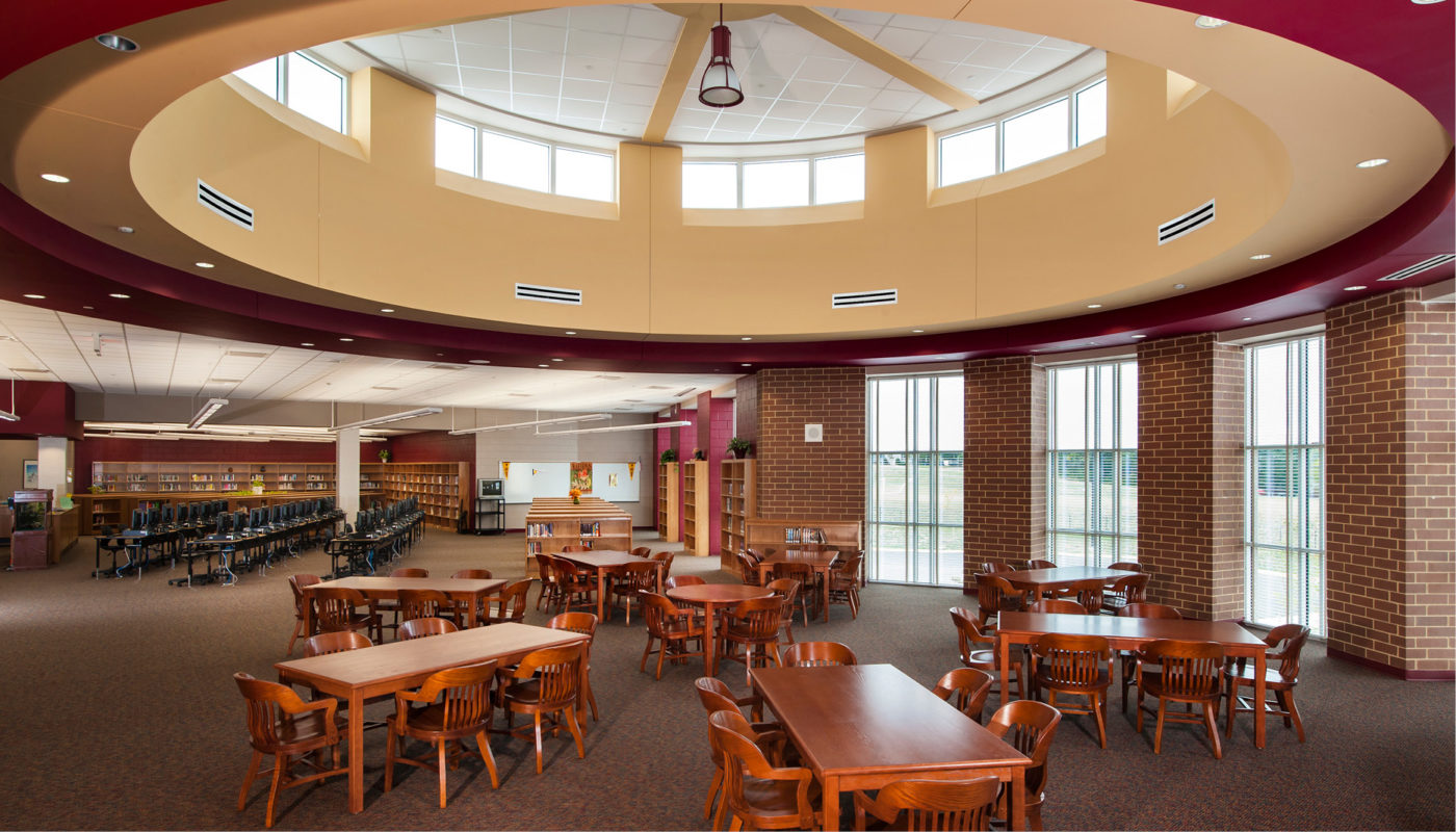 A circular ceiling in a library at Montgomery County Public Schools.