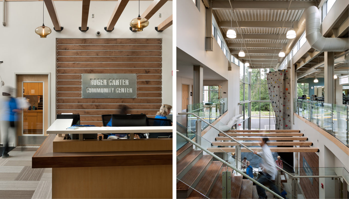 Two pictures of a lobby in the Roger Carter Community Center, Maryland. The lobby features a stunning wooden floor and a large glass wall providing breathtaking views of Baltimore.