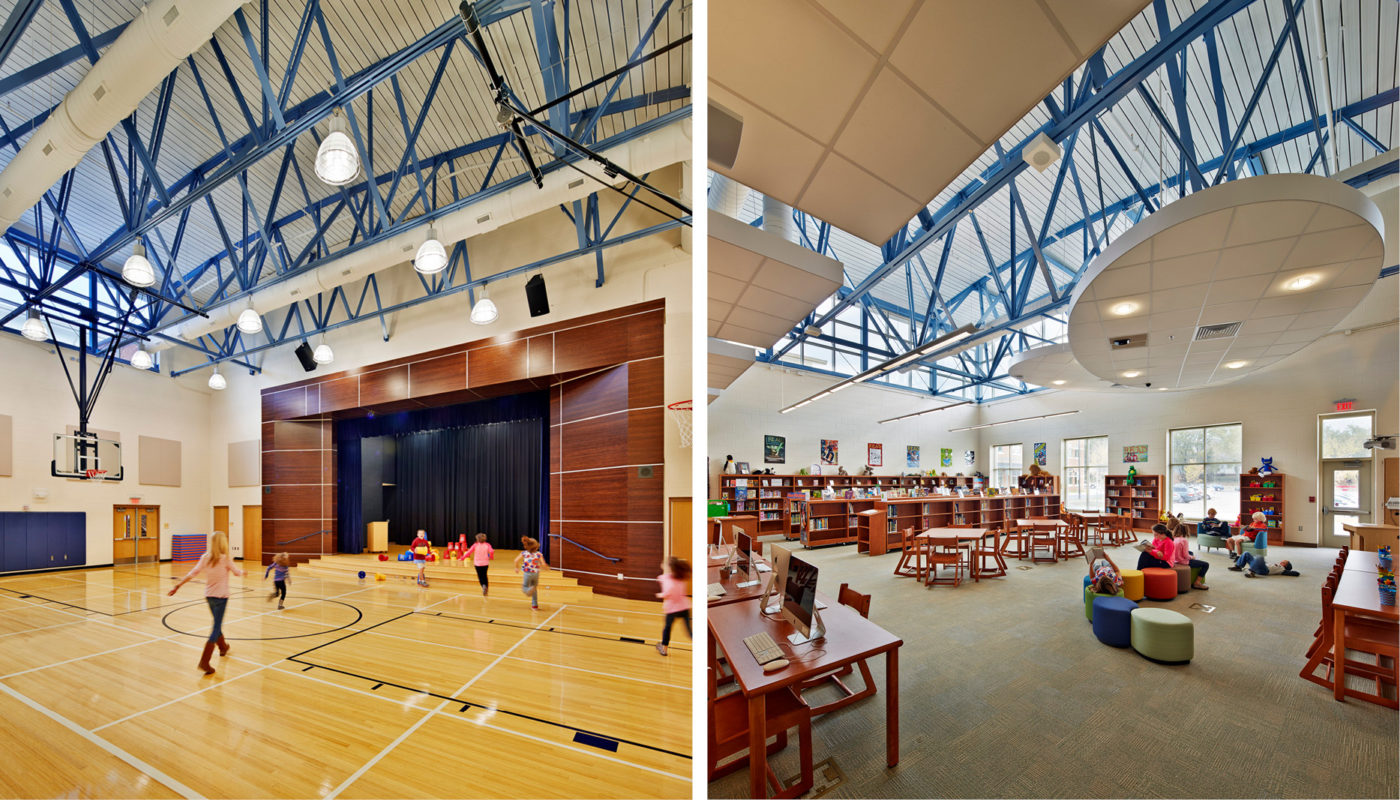 Two pictures of a gymnasium and a library.