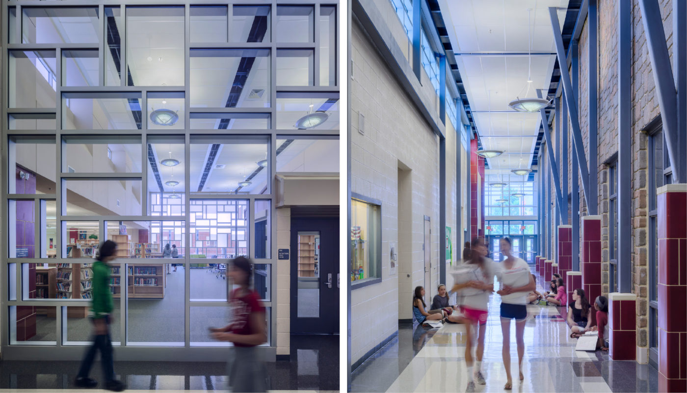 Two pictures of a hallway at Herbert Hoover Middle School in Montgomery County Public Schools, with people walking through it.