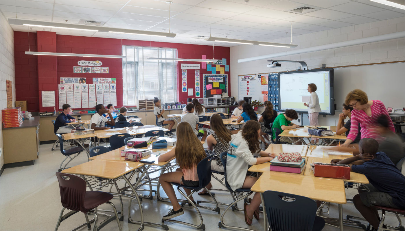 A classroom at Herbert Hoover Middle School with many students sitting at desks.