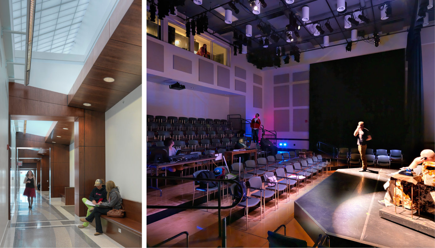 Two pictures of a concert hall and an auditorium.