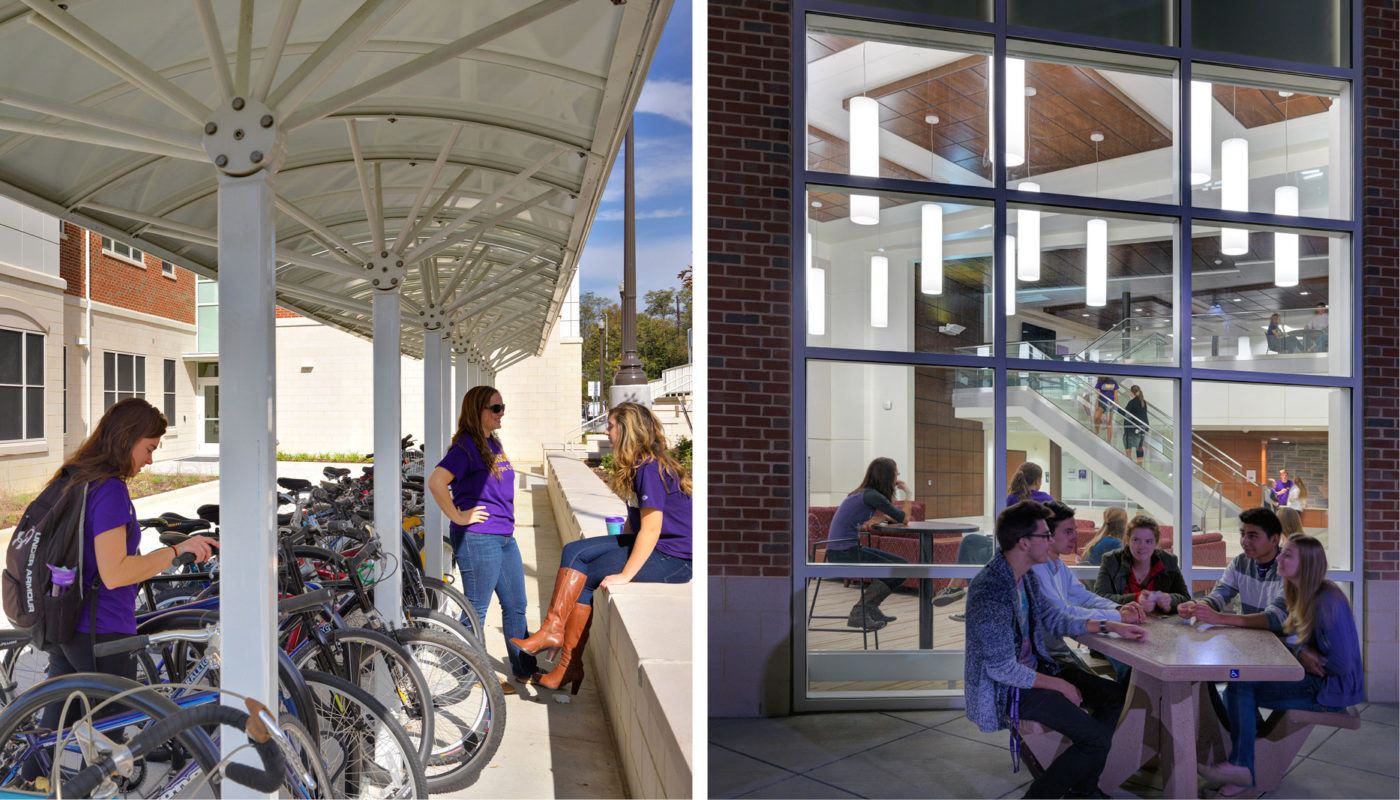 Two pictures of people sitting at tables with bicycles in front of a building.