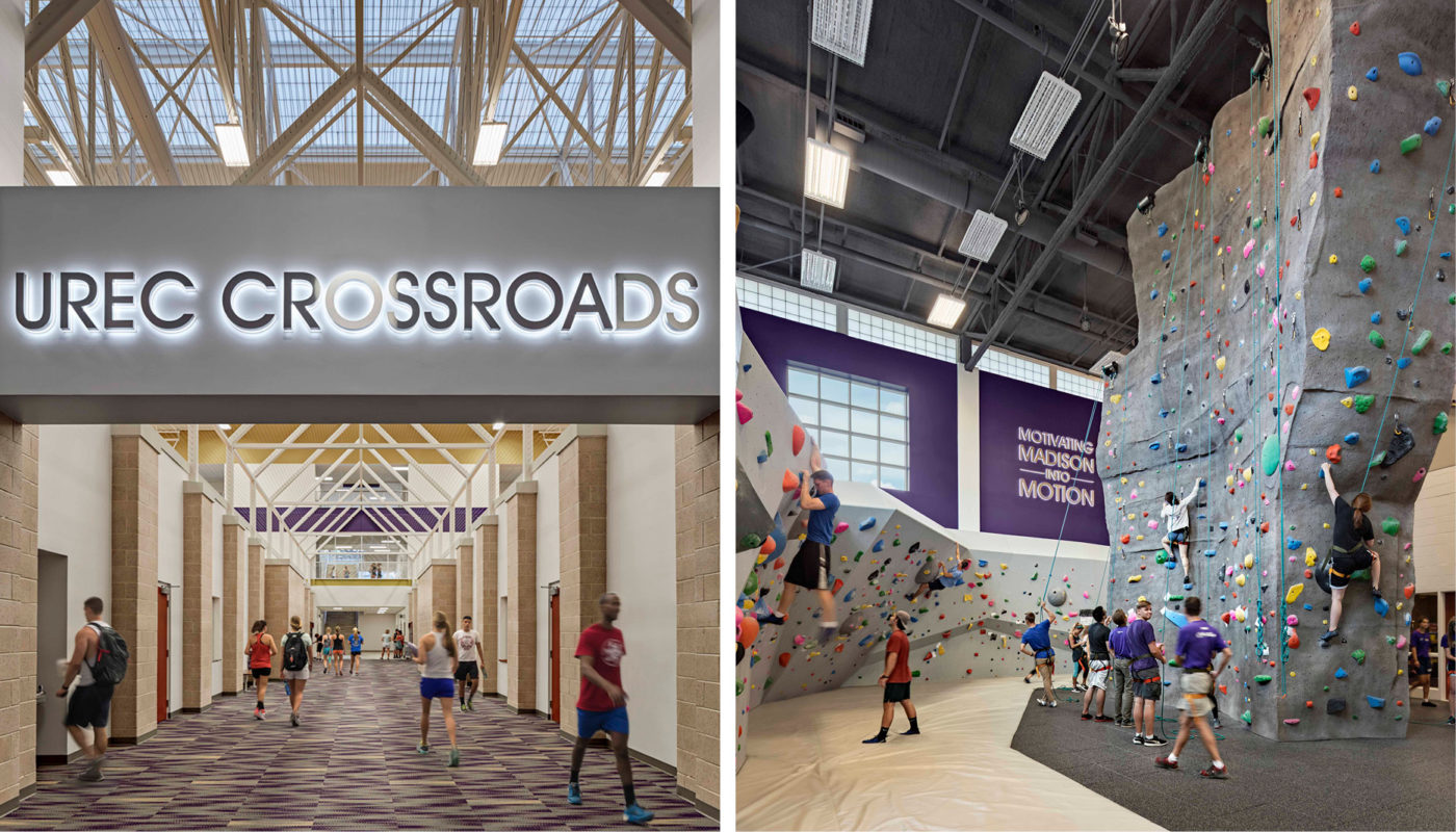 Two pictures of a gym with a climbing wall.