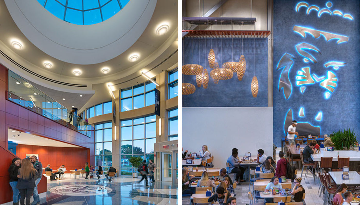 Two pictures of a cafeteria with a blue ceiling and people eating.