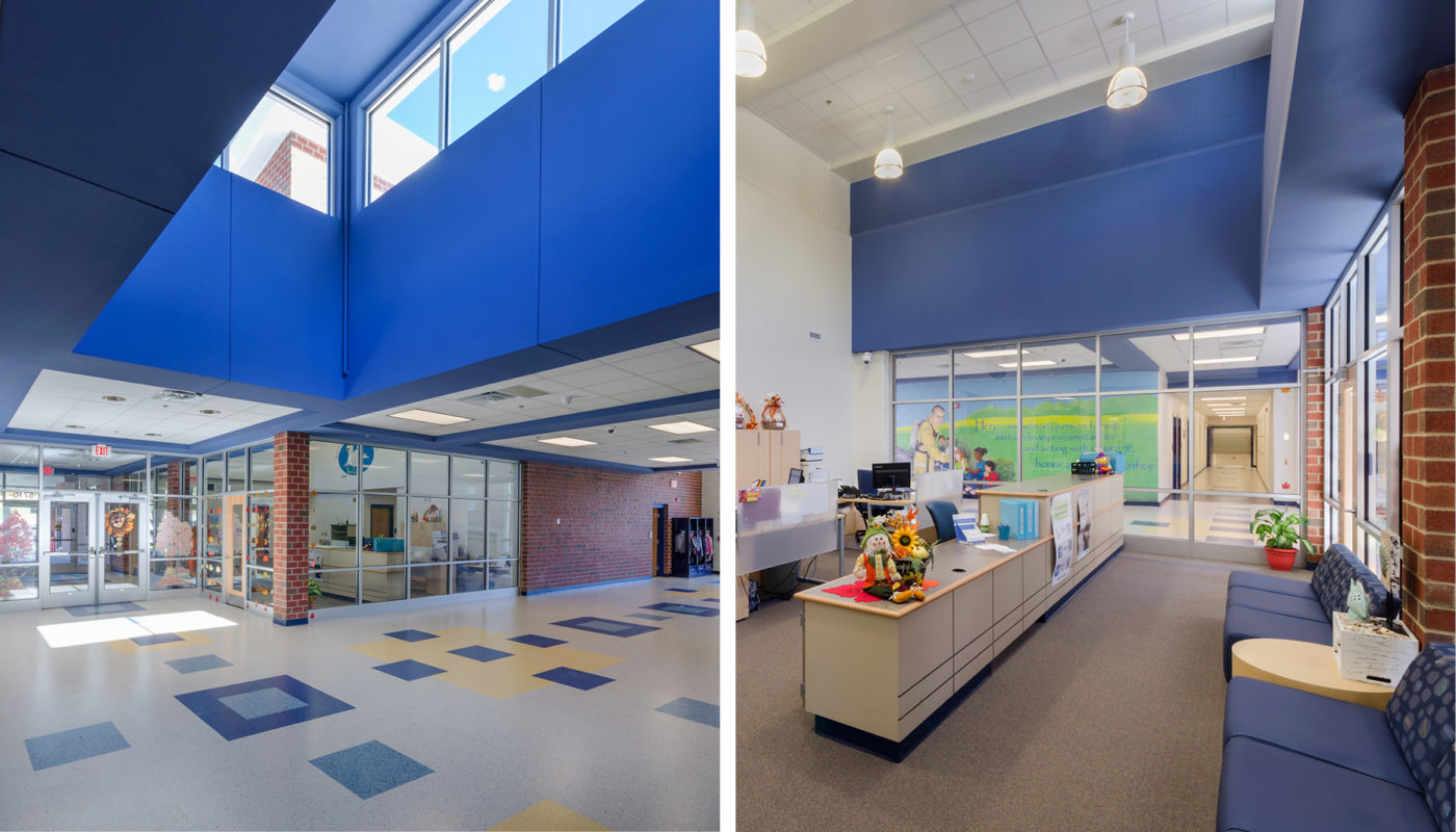 Two pictures of a school lobby with blue walls.