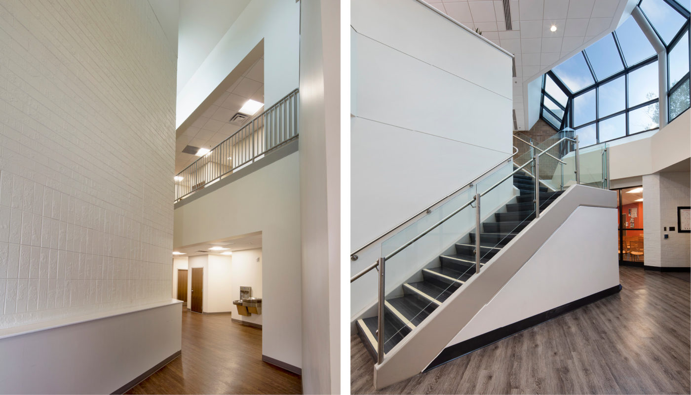 Two pictures of a hallway with stairs and white walls.