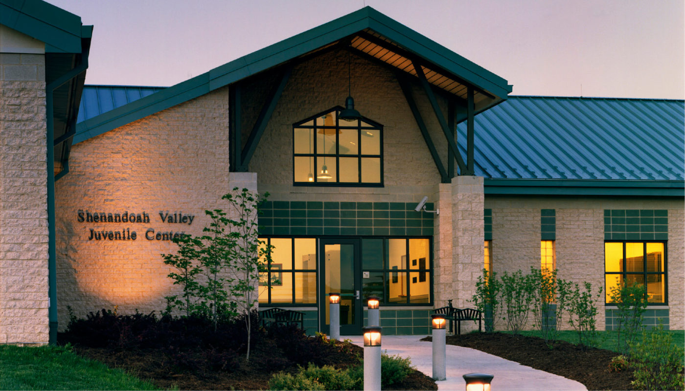 The entrance to the Juvenile Detention Center at dusk in the Shenandoah Valley.