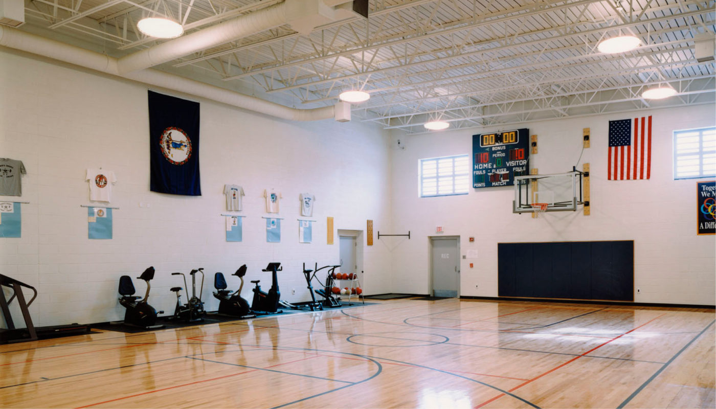 A basketball court in a Shenandoah Valley gym at a Juvenile Detention Center.