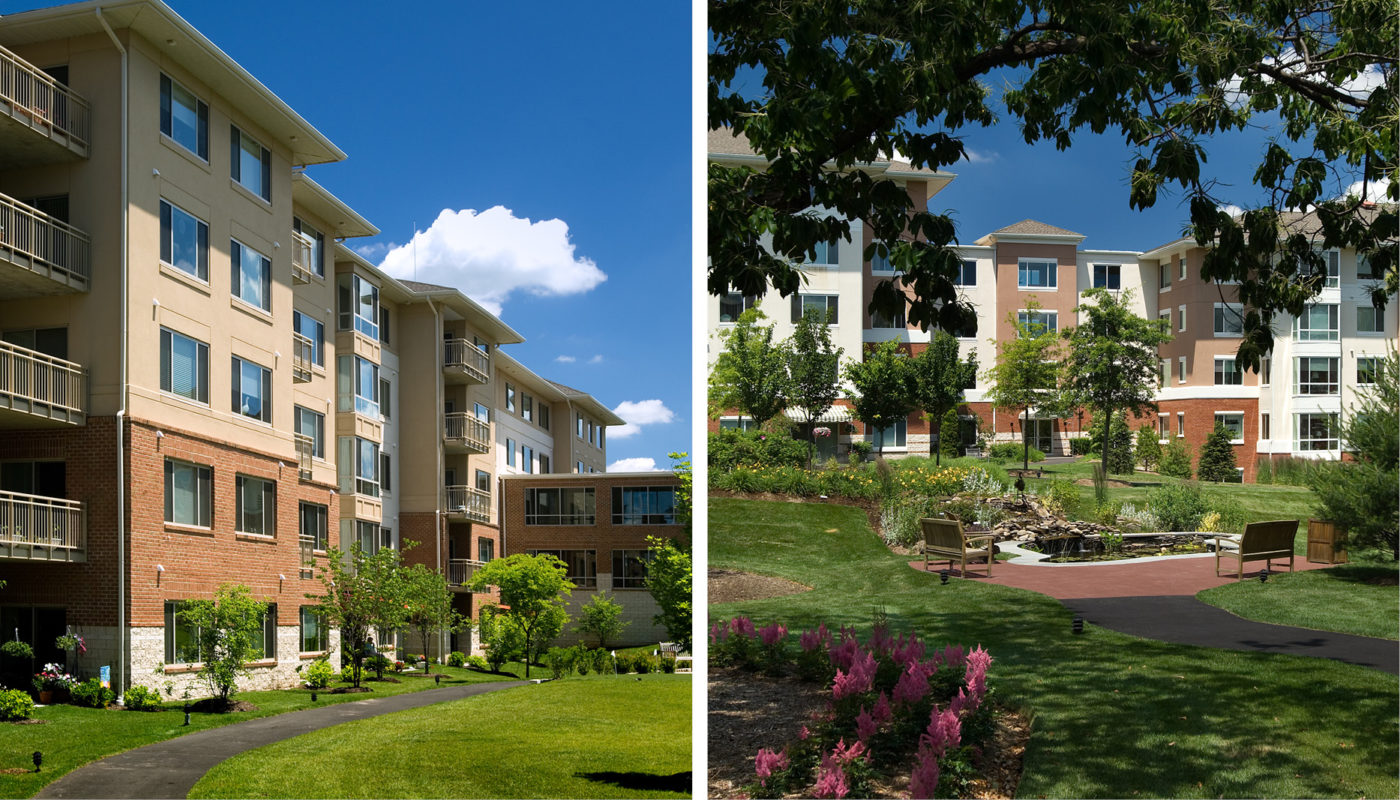 Two pictures of apartment complexes with a park in the middle, showcasing the serene and well-connected community at Ann's Choice.