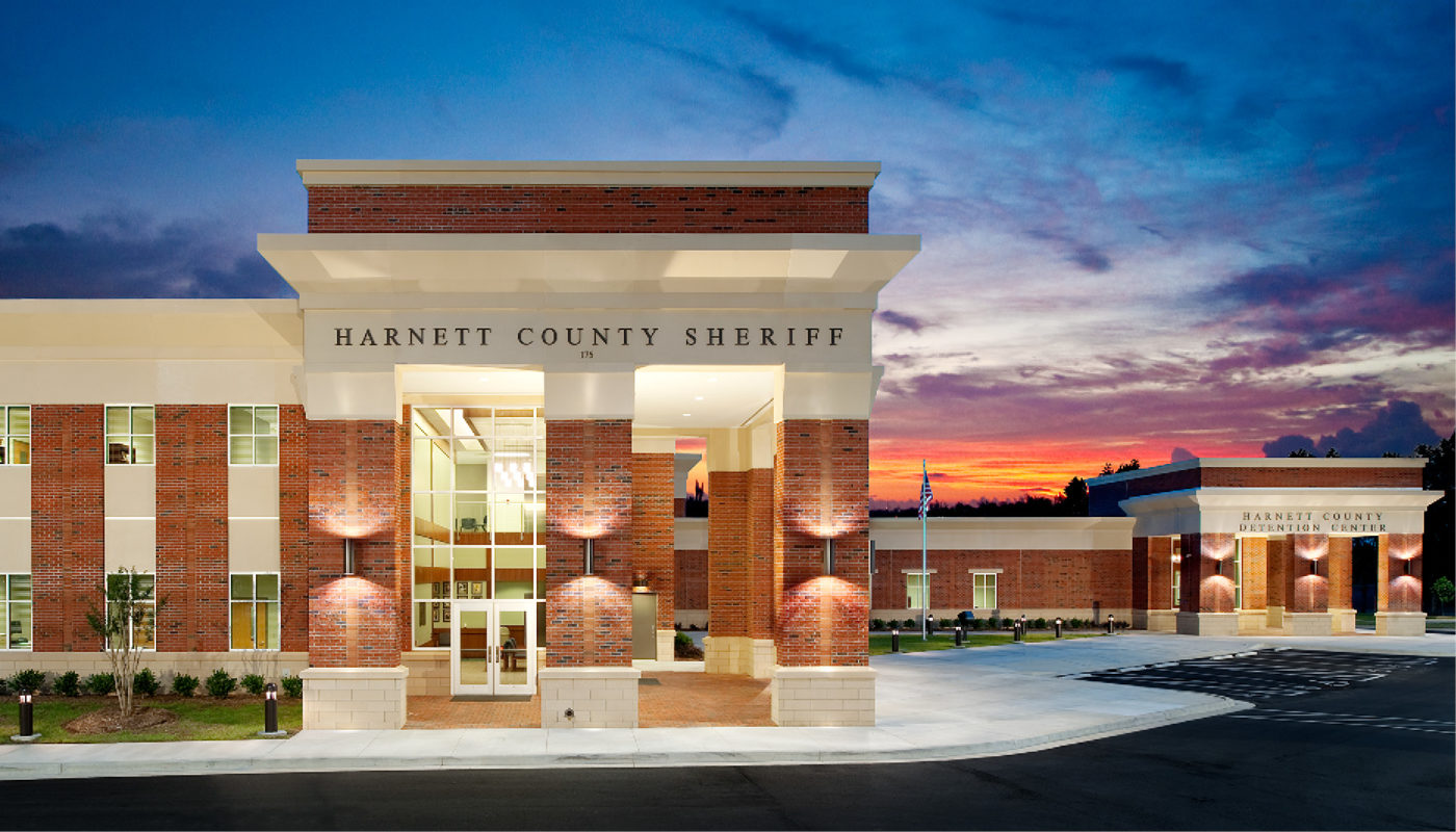 Harnett County library at dusk.