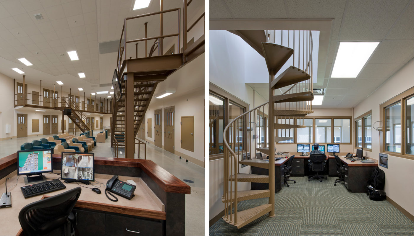 Two pictures of a U.S. Naval Consolidated Brig office with a spiral staircase.