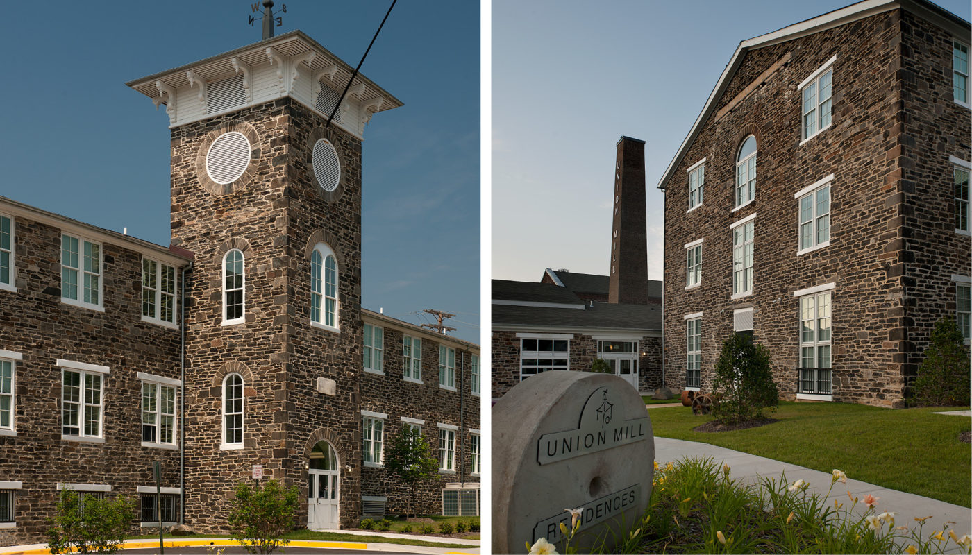 Two pictures of the Union Mill, a stone building with a clock tower.