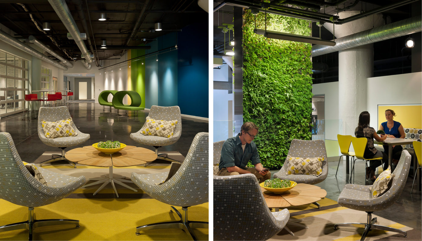 Two pictures of an office with a green wall and chairs at 520 Park.