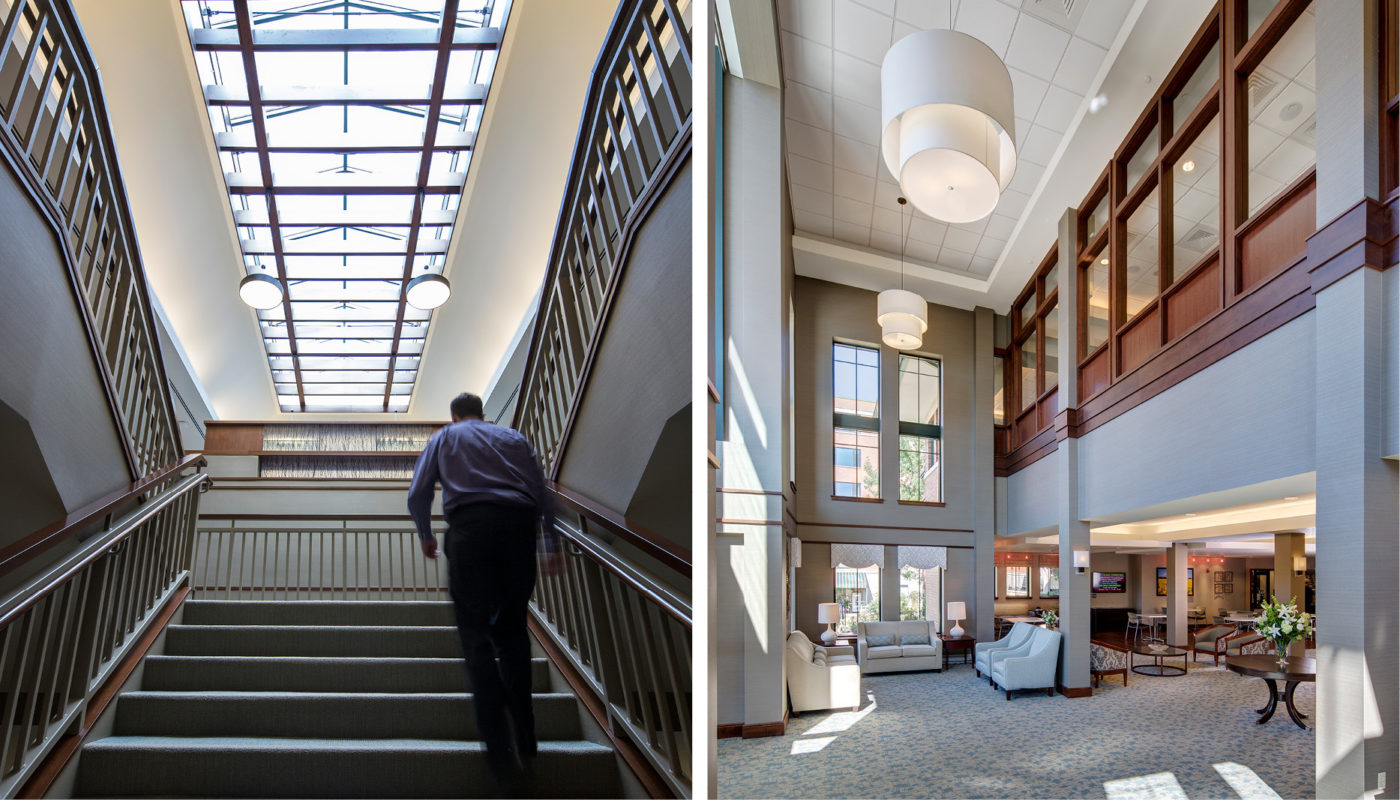Two pictures of a man walking up a staircase at Charlestown Square.