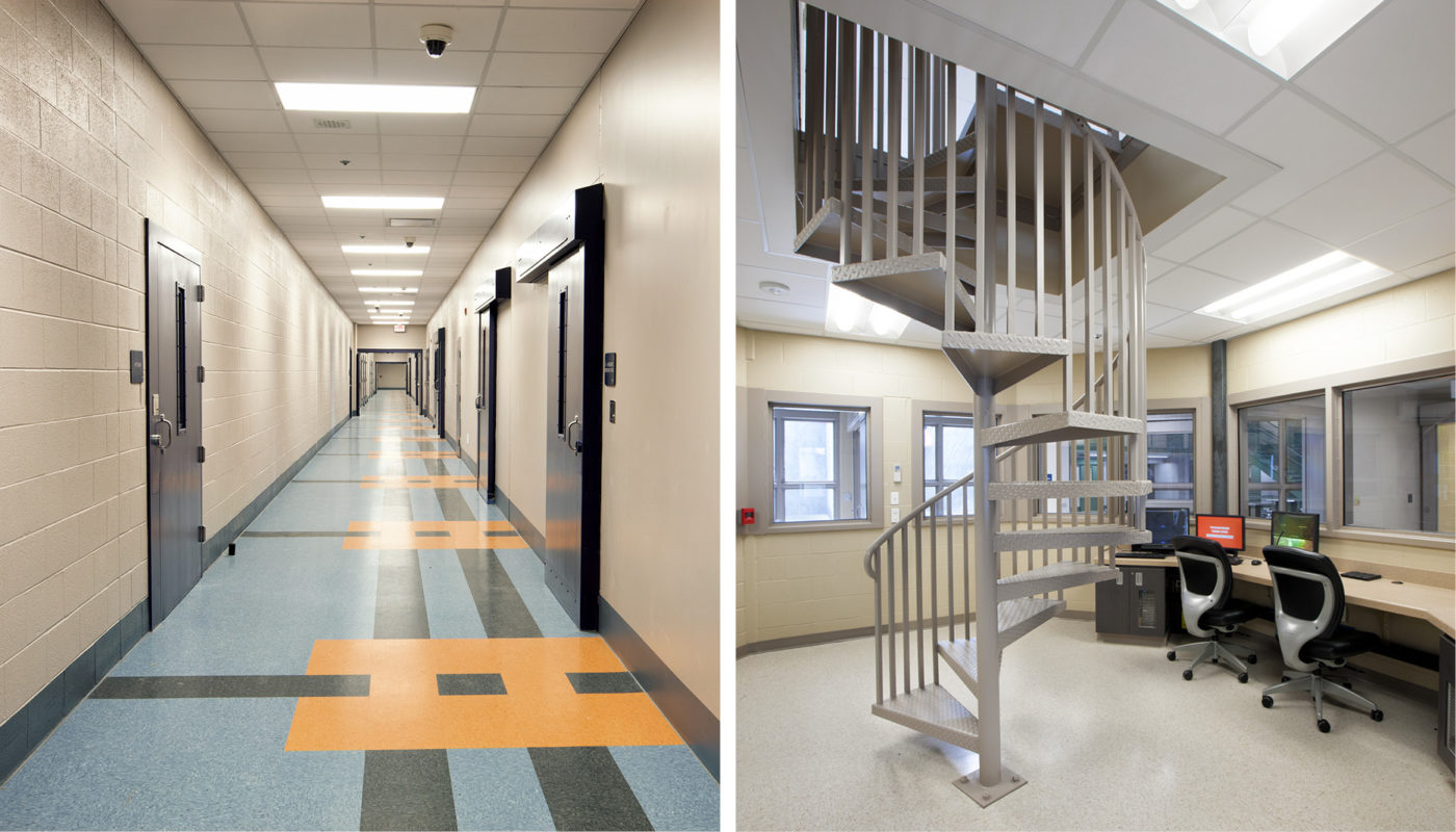 Two pictures of a hallway with a spiral staircase in Warren.