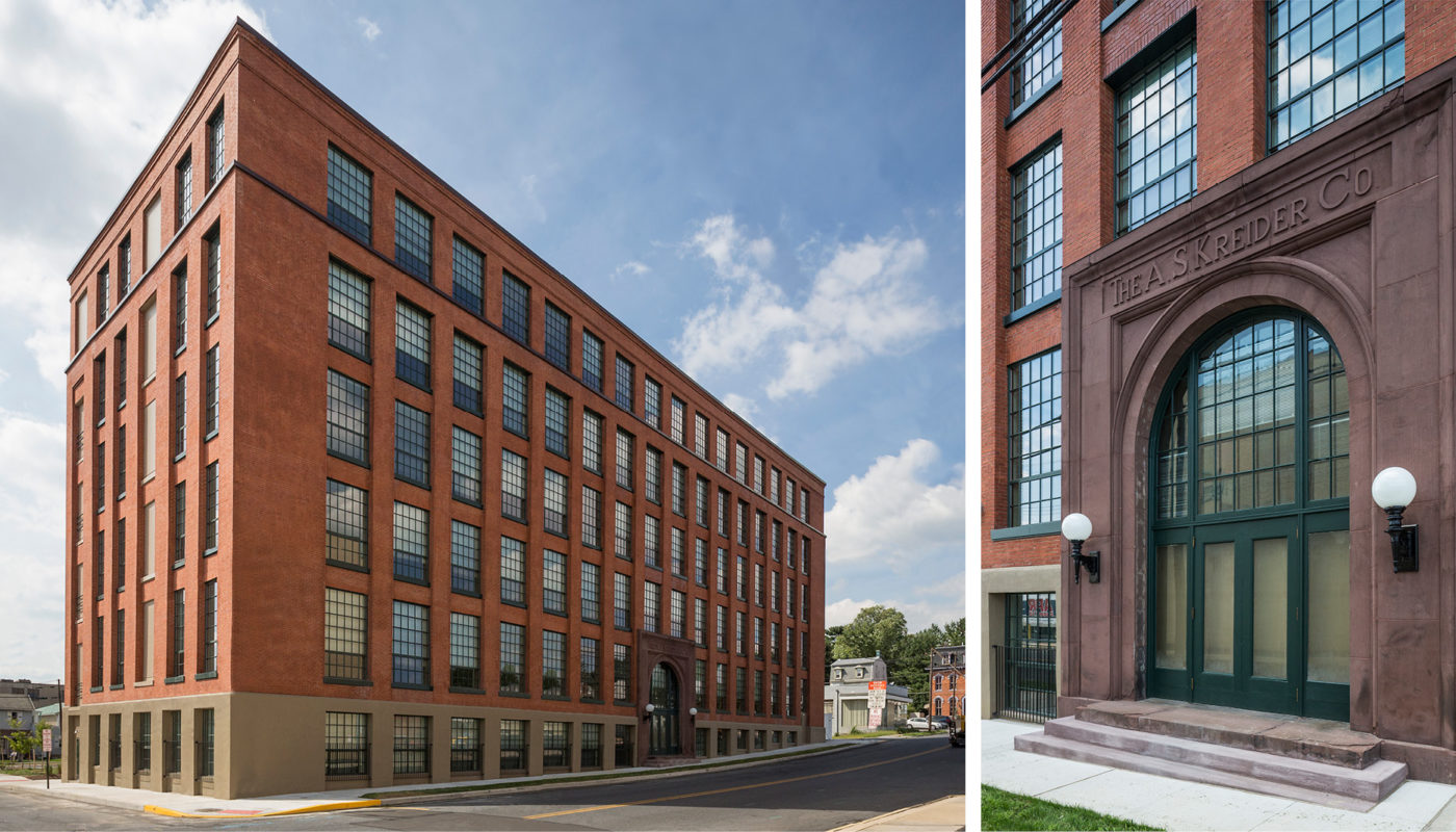 Two pictures of Kreider Commons, a brick building with windows and doors.