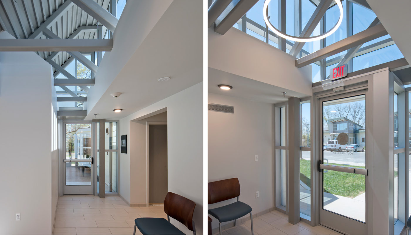 Two pictures of a hallway with a glass ceiling at the Youth Shelter in Loudoun County.