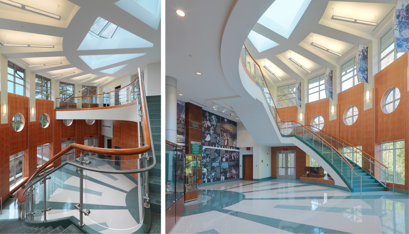 Two pictures of the College of William and Mary lobby, featuring stairs and a glass ceiling.