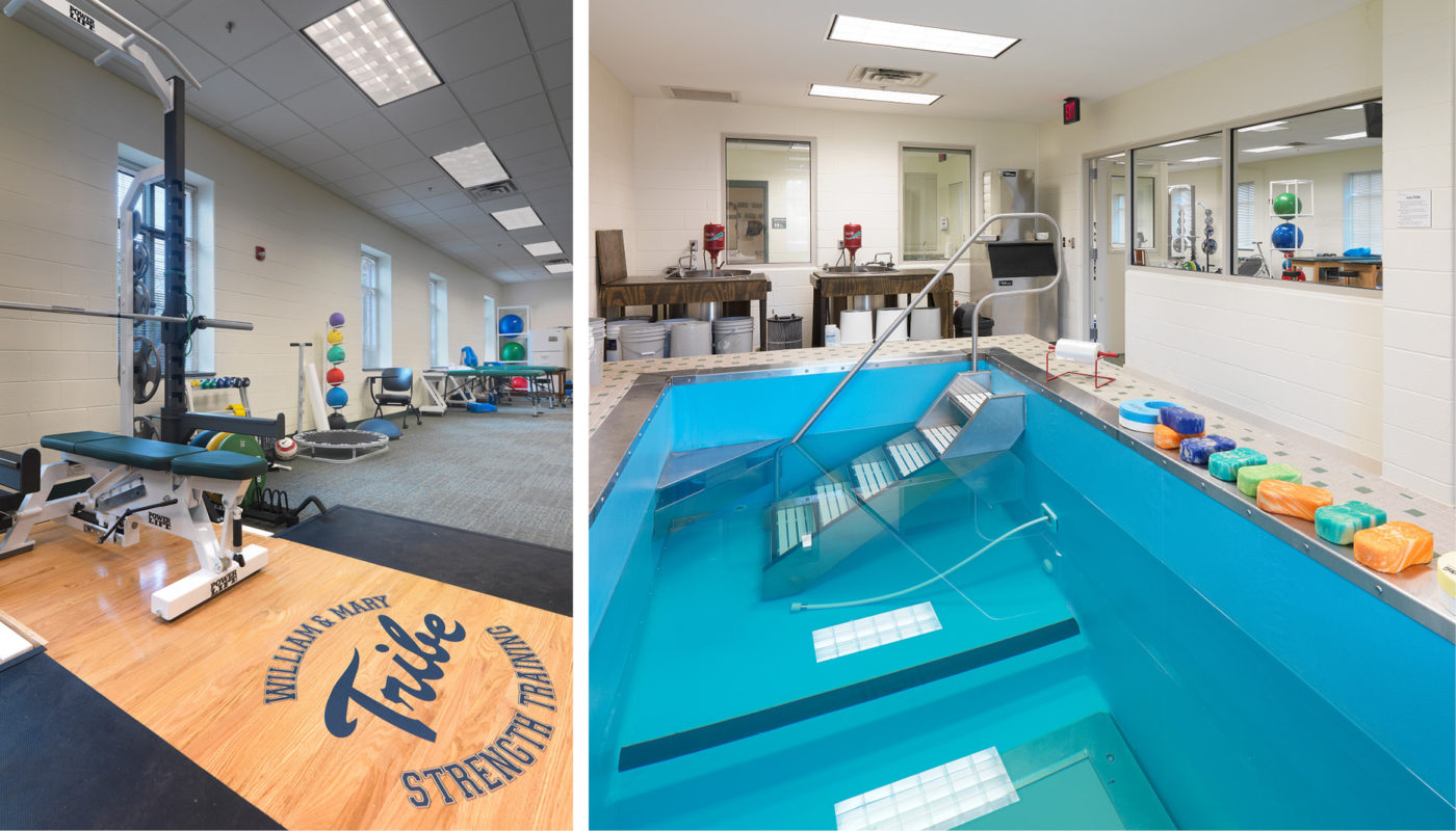 Two pictures of a room at the Jimmye Laycock Athletic Training Facility at the College of William and Mary with an indoor pool and exercise equipment.