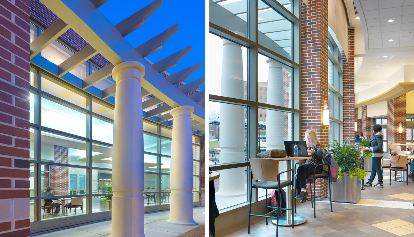 Two pictures of the Jonah Larrick Student Center, showcasing its pillars and windows.