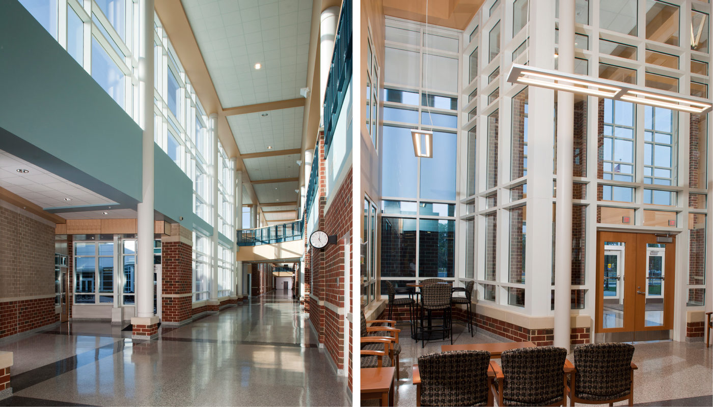 Two pictures of a hallway with a glass wall in Glen Allen High School.